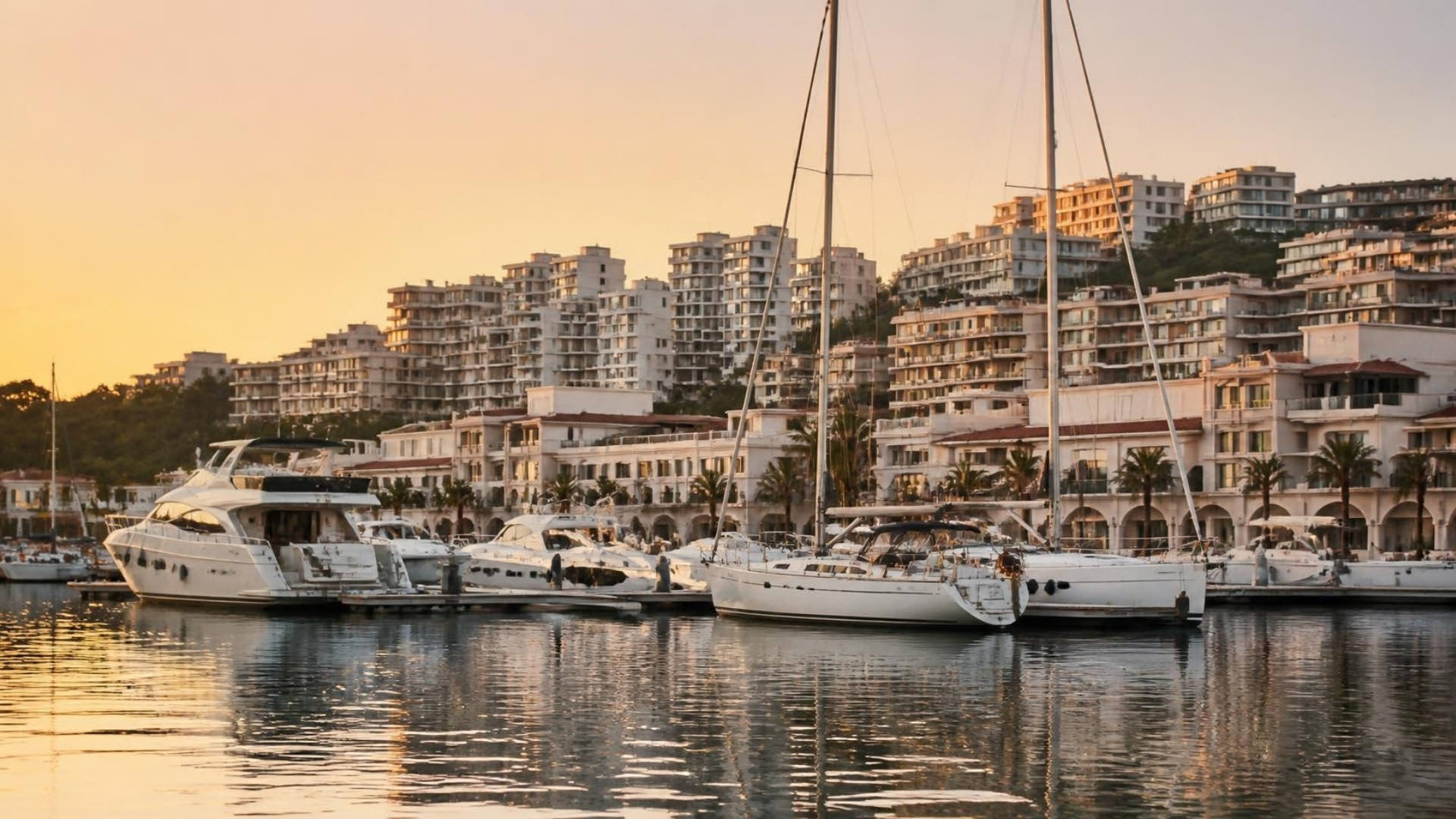 Gün batımında marinaya bağlanmış yatlar, arkadaki yamaçlarda yükselen apartman blokları