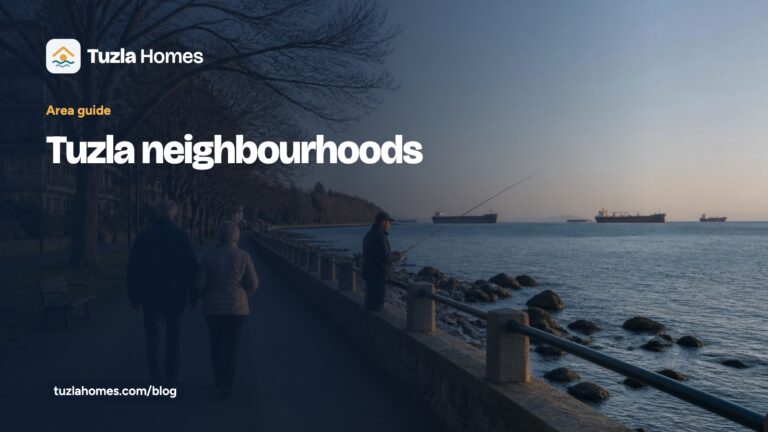 “Tuzla neighbourhoods” başlıklı Tuzla Homes rehber kartı; açıkta gemilerin göründüğü bir sahil yolu fotoğrafı üzerinde